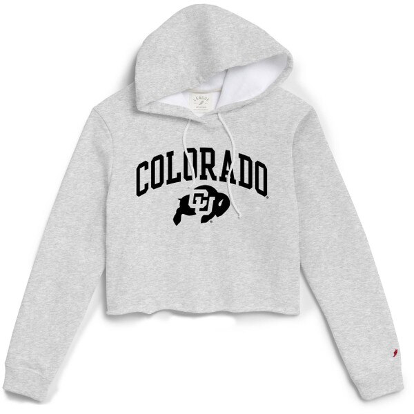 A light gray cropped hoodie with a drawstring hood, featuring black arched Colorado lettering and a C-U buffalo logo underneath.